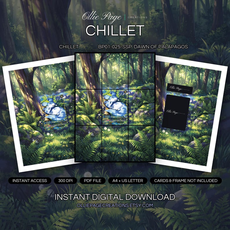Chillet BP01-025-SSP collector bundle — extended binder page plus 8x10 full-art and PSA framed prints in a Lush forest woodland with vibrant green ferns, tall trees, dappled golden sunlight, misty atmospheric lighting, serene natural landscape with flowing stream., printable digital download by Ollie Page Creations