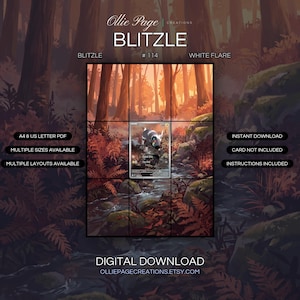 Blitzle 114/086 extended art binder page in a Warm autumn forest scene with glowing golden sunlight filtering through tall trees, mossy rocks, and a flowing stream surrounded by orange foliage., printable 9-pocket TCG display insert by Ollie Page Creations