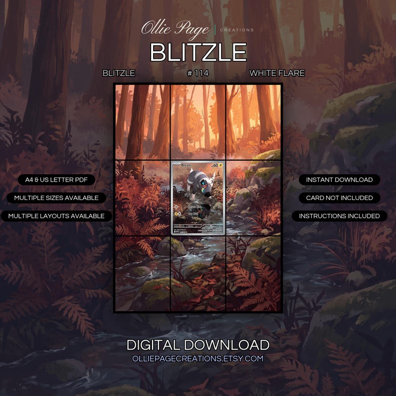 Blitzle 114/086 extended art binder page in a Warm autumn forest scene with glowing golden sunlight filtering through tall trees, mossy rocks, and a flowing stream surrounded by orange foliage., printable 9-pocket TCG display insert by Ollie Page Creations