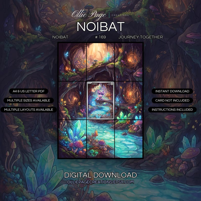 Noibat 169/159 extended art binder page in a Magical underground cave system with glowing crystals, bioluminescent blue river, luminous mushrooms, warm torchlight, and ethereal atmosphere throughout the cavern landscape., printable 9-pocket TCG display insert by Ollie Page Creations