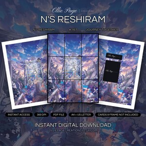 N's Reshiram 167/159 collector bundle — extended binder page plus 8x10 full-art and PSA framed prints in a Dramatic fantasy cityscape with grand classical columns, vibrant blue and purple sky, golden sunlight rays, colorful abstract energy bursts, an