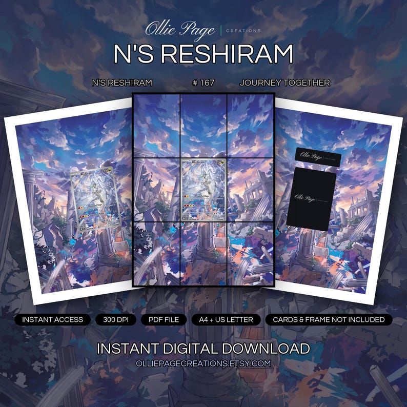 N's Reshiram 167/159 collector bundle — extended binder page plus 8x10 full-art and PSA framed prints in a Dramatic fantasy cityscape with grand classical columns, vibrant blue and purple sky, golden sunlight rays, colorful abstract energy bursts, an