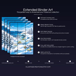 Product feature overview for Piplup extended binder art — 300 DPI print-ready files, multiple sizes and grid layouts, instant digital download