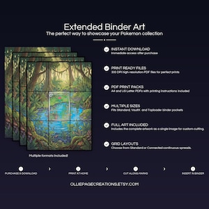 Product feature overview for Ivysaur extended binder art — 300 DPI print-ready files, multiple sizes and grid layouts, instant digital download