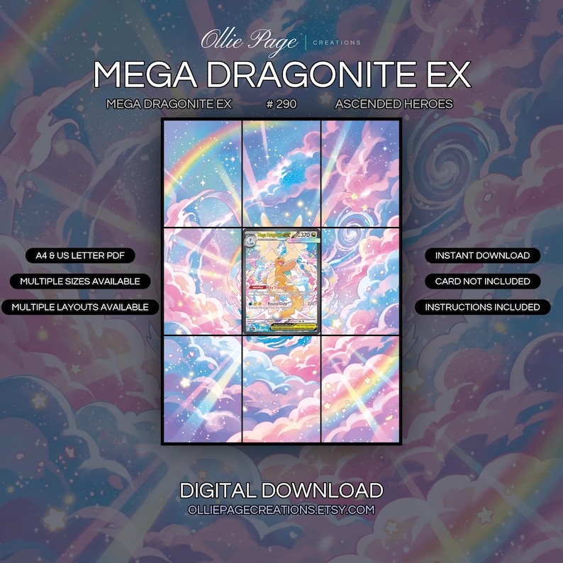 Mega Dragonite EX 290/217 extended art binder page in a Vibrant celestial landscape featuring swirling pink clouds, rainbow light beams, sparkling stars, and dreamy pastel skies creating a magical, ethereal atmosphere., printable 9-pocket TCG display insert by Ollie Page Creations