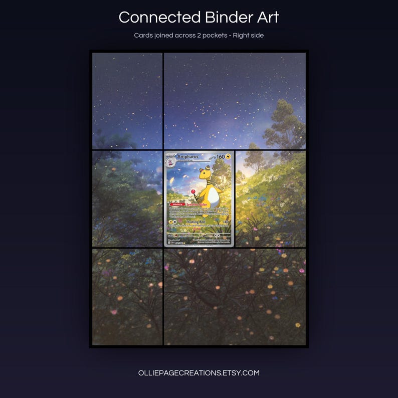 Ampharos 090/086 connected binder art joining across two pockets, right side, printable extended card display for 9-pocket binders