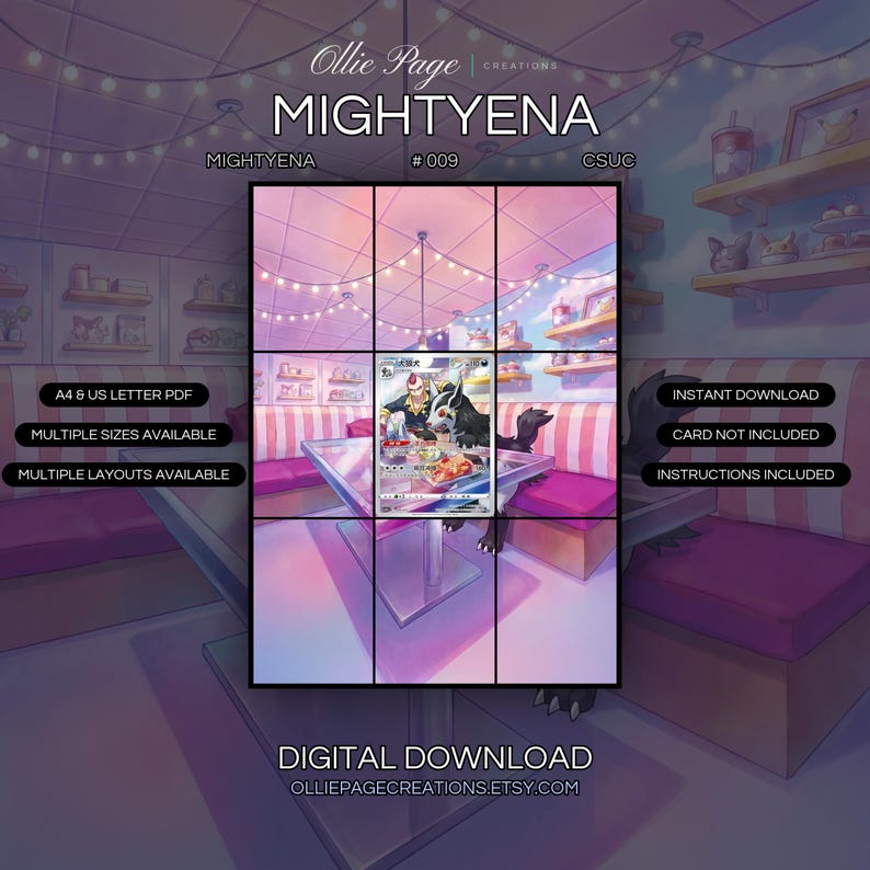 Mightyena 009/012 extended art binder page in a Vibrant pink and purple café interior with string lights, striped booth seating, floating shelves, and pastel gradient ceiling creating a whimsical, dreamy atmosphere., printable 9-pocket TCG display insert by Ollie Page Creations