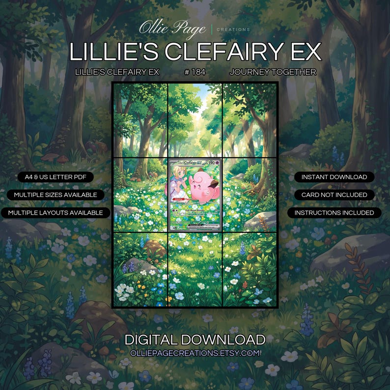 Lillie's Clefairy EX 184/159 extended art binder page in a Vibrant forest clearing with sunlit tree canopy