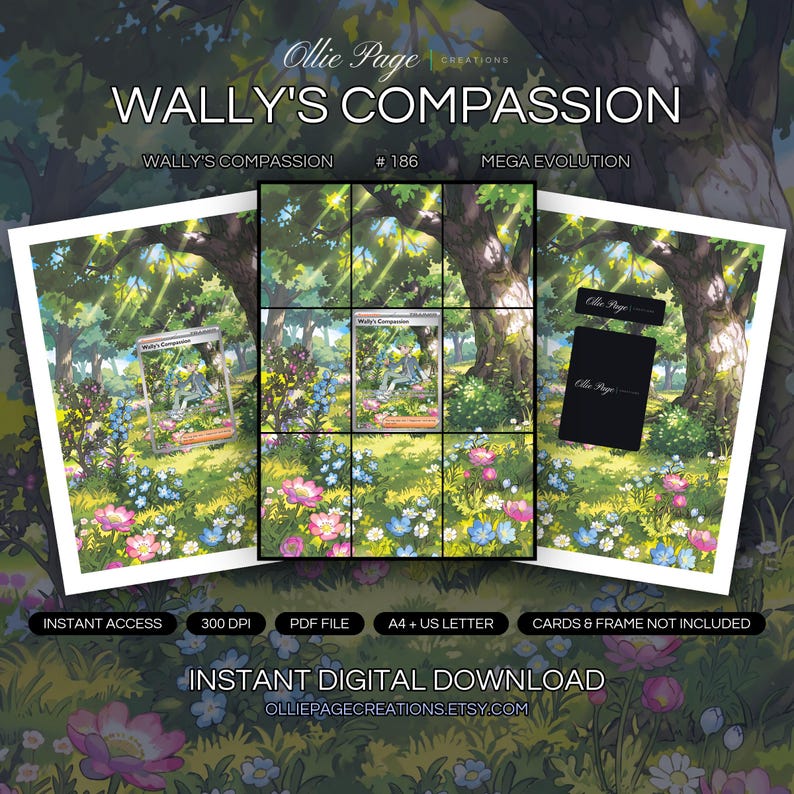 Wally's Compassion 186/132 collector bundle — extended binder page plus 8x10 full-art and PSA framed prints in a Vibrant garden scene with pink
