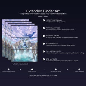 Product feature overview for Elphidran Aqua extended binder art — 300 DPI print-ready files, multiple sizes and grid layouts, instant digital download
