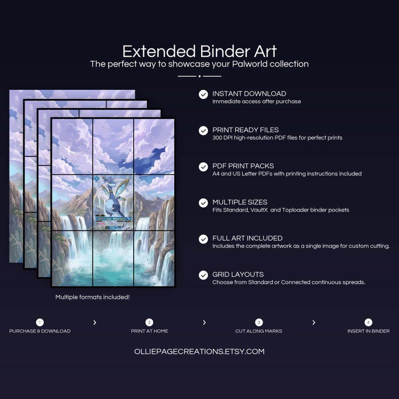 Product feature overview for Elphidran Aqua extended binder art — 300 DPI print-ready files, multiple sizes and grid layouts, instant digital download