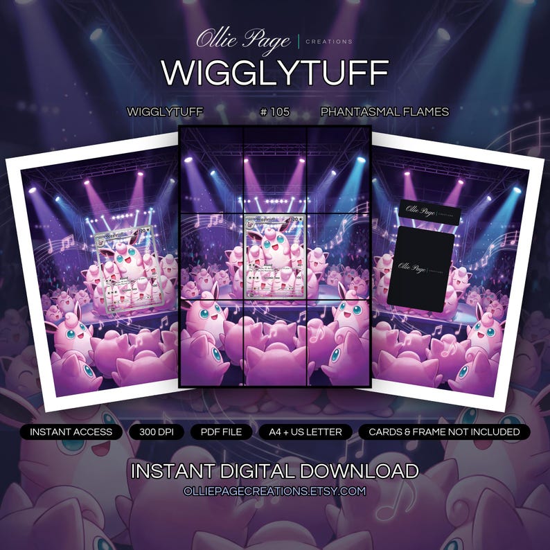 Wigglytuff 105/094 collector bundle — extended binder page plus 8x10 full-art and PSA framed prints in a Vibrant concert stage with purple and blue neon lighting, illuminated backdrop, musical notes, metal truss framework, and dynamic atmospheric effects creating an energetic performance environment., printable digital download by Ollie Page Creations