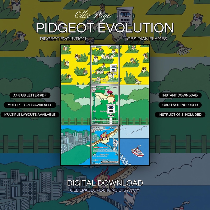 Pidgeot Evolution 207 + 208 + 225 extended art binder page in a Vibrant three-panel illustration showing yellow grassland, green pastoral landscape with fence, and blue urban cityscape with water and sky., printable 9-pocket TCG display insert by Ollie Page Creations