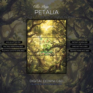 Petalia BP01-051-SP extended art binder page in a Sunlit forest canopy with warm golden light filtering through layered green foliage, moss-covered tree trunks, and lush understory vegetation creating an enchanted woodland atmosphere., printable 9-pocket TCG display insert by Ollie Page Creations