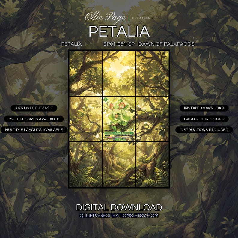 Petalia BP01-051-SP extended art binder page in a Sunlit forest canopy with warm golden light filtering through layered green foliage, moss-covered tree trunks, and lush understory vegetation creating an enchanted woodland atmosphere., printable 9-pocket TCG display insert by Ollie Page Creations