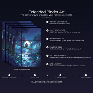 Product feature overview for Zorua extended binder art — 300 DPI print-ready files, multiple sizes and grid layouts, instant digital download