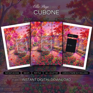 Cubone 407/07 collector bundle — extended binder page plus 8x10 full-art and PSA framed prints in a Vibrant autumn village scene with glowing pink stream, brick bridge, colorful fall foliage, charming houses, and magical sunset lighting., printable digital download by Ollie Page Creations