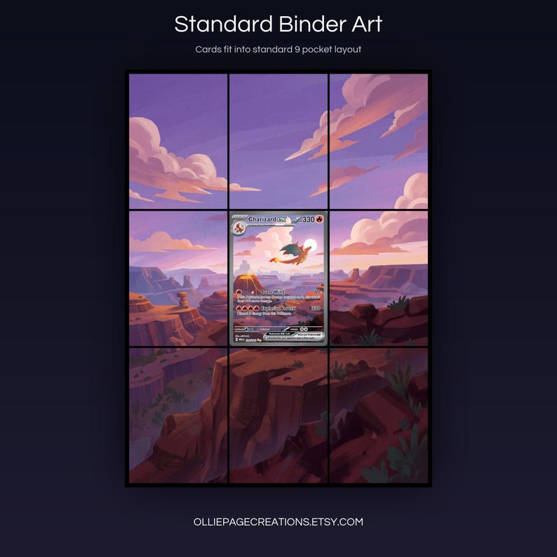 Charizard EX 199/165 extended art 3x3 grid layout, full 9-pocket binder page display printable, S&V 151 collector insert