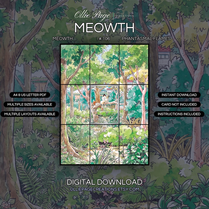Meowth 106/094 extended art binder page in a Lush forest scene with towering trees