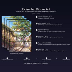 Product feature overview for Floragato extended binder art — 300 DPI print-ready files, multiple sizes and grid layouts, instant digital download