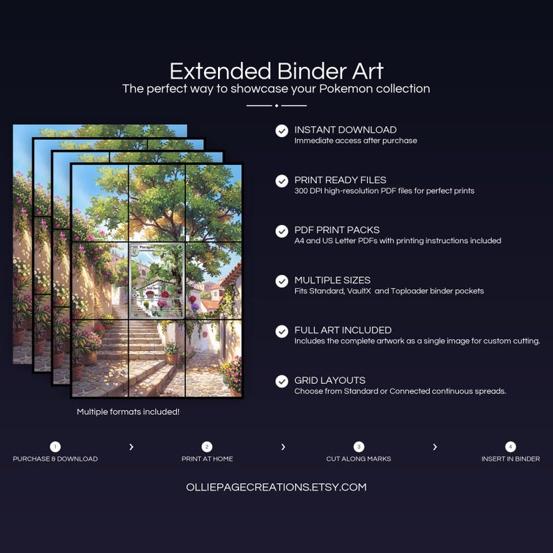Product feature overview for Floragato extended binder art — 300 DPI print-ready files, multiple sizes and grid layouts, instant digital download