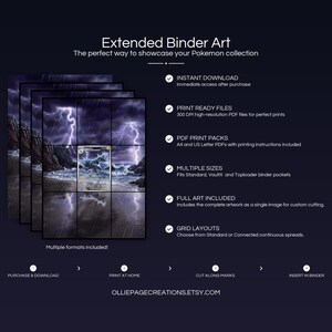Product feature overview for Zebstrika extended binder art — 300 DPI print-ready files, multiple sizes and grid layouts, instant digital download