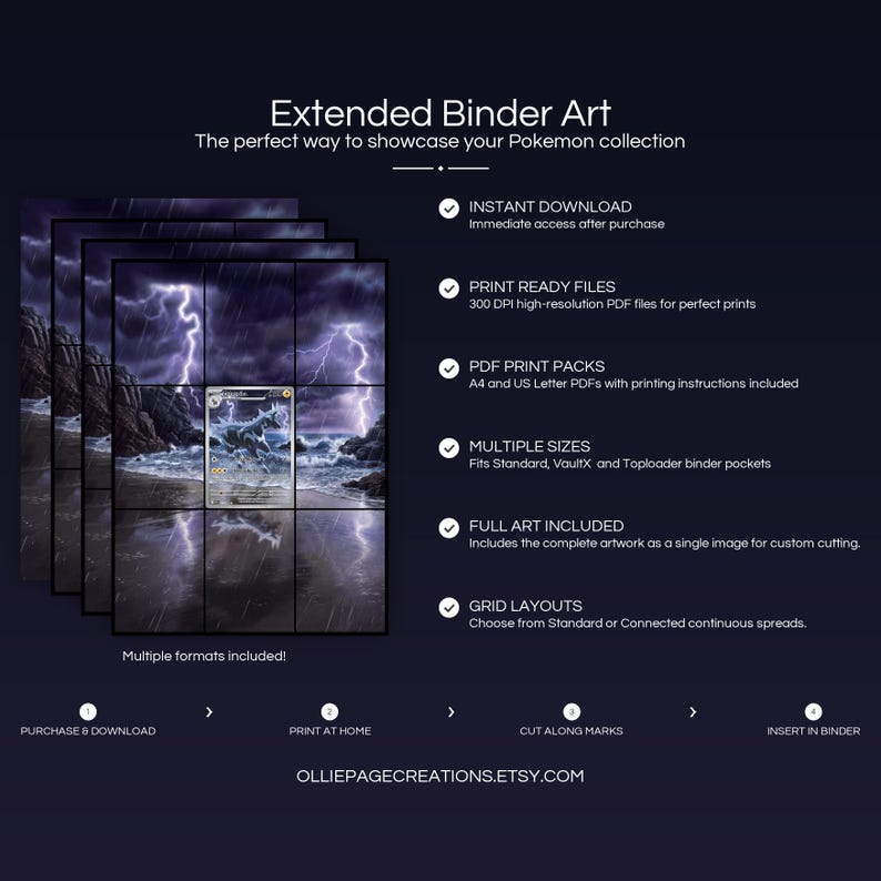 Product feature overview for Zebstrika extended binder art — 300 DPI print-ready files, multiple sizes and grid layouts, instant digital download