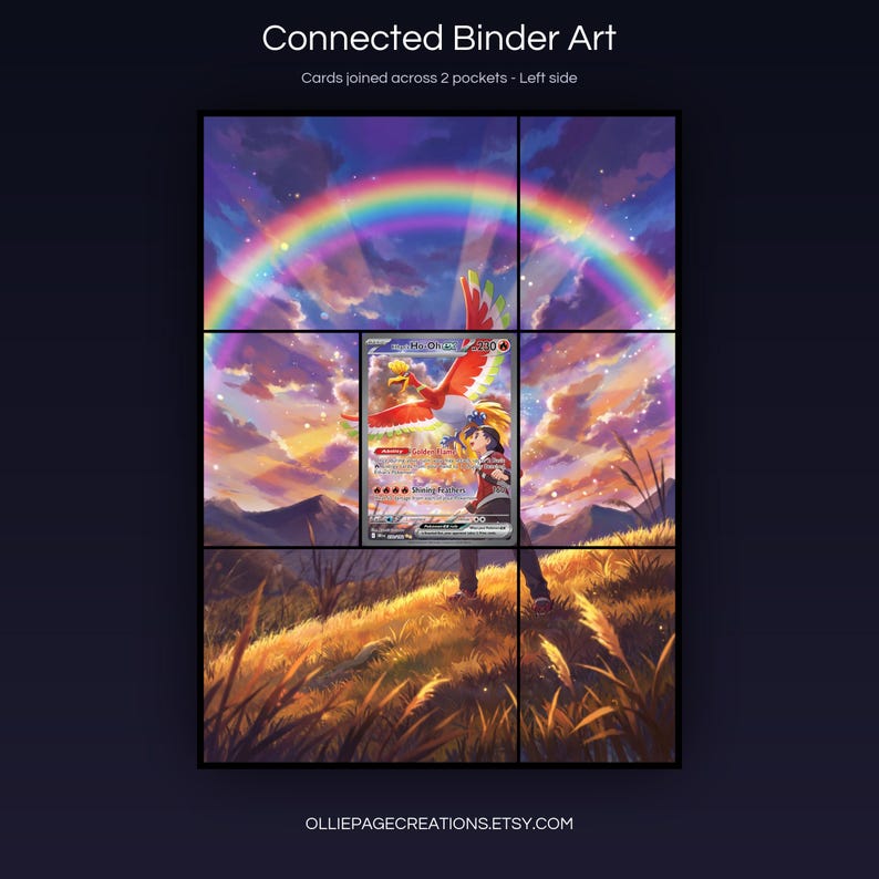Ethan's Ho-Oh EX 230/182 connected binder art joining across two pockets, left side, printable extended card display for 9-pocket binders