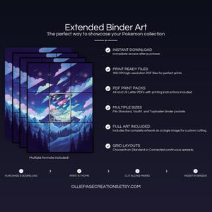 Product feature overview for Minior extended binder art — 300 DPI print-ready files, multiple sizes and grid layouts, instant digital download