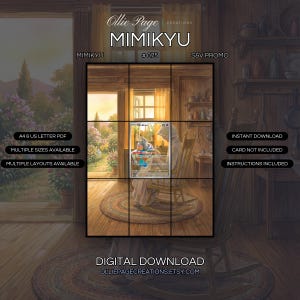 Mimikyu 075 extended art binder page in a Warm, sunlit wooden cottage interior with golden curtains, rustic shelving, and garden flowers visible through an open window at golden hour., printable 9-pocket TCG display insert by Ollie Page Creations