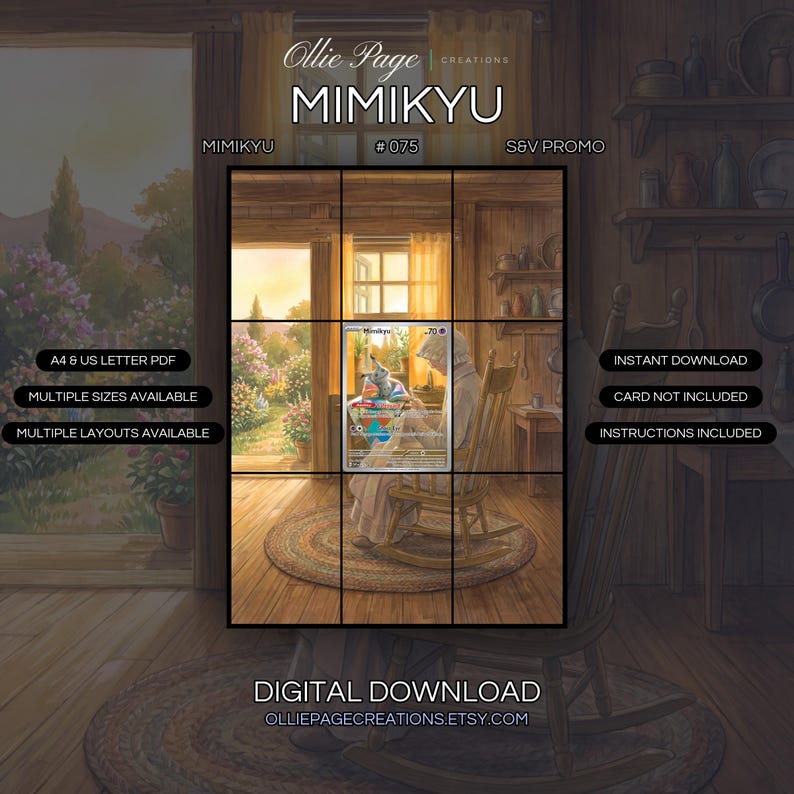 Mimikyu 075 extended art binder page in a Warm, sunlit wooden cottage interior with golden curtains, rustic shelving, and garden flowers visible through an open window at golden hour., printable 9-pocket TCG display insert by Ollie Page Creations