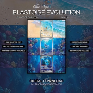 Blastoise Evolution 170 + 171 + 200 extended art binder page in a Vibrant tropical beach scene transitioning to colorful coral reef underwater environment with bioluminescent deep ocean trenches, featuring bright turquoise waters and sandy shores., printable 9-pocket TCG display insert by Ollie Page Creations