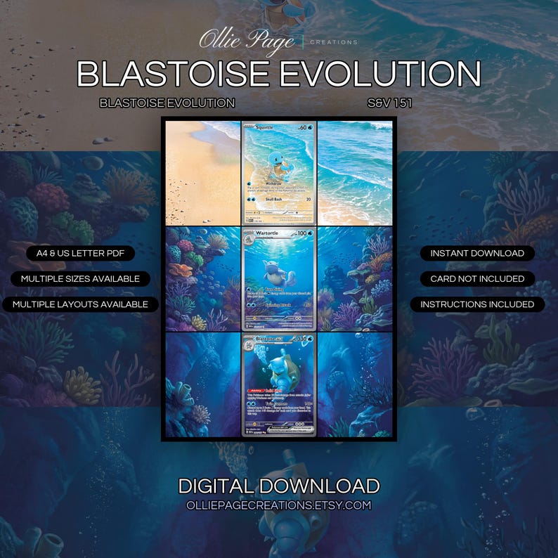 Blastoise Evolution 170 + 171 + 200 extended art binder page in a Vibrant tropical beach scene transitioning to colorful coral reef underwater environment with bioluminescent deep ocean trenches, featuring bright turquoise waters and sandy shores., printable 9-pocket TCG display insert by Ollie Page Creations