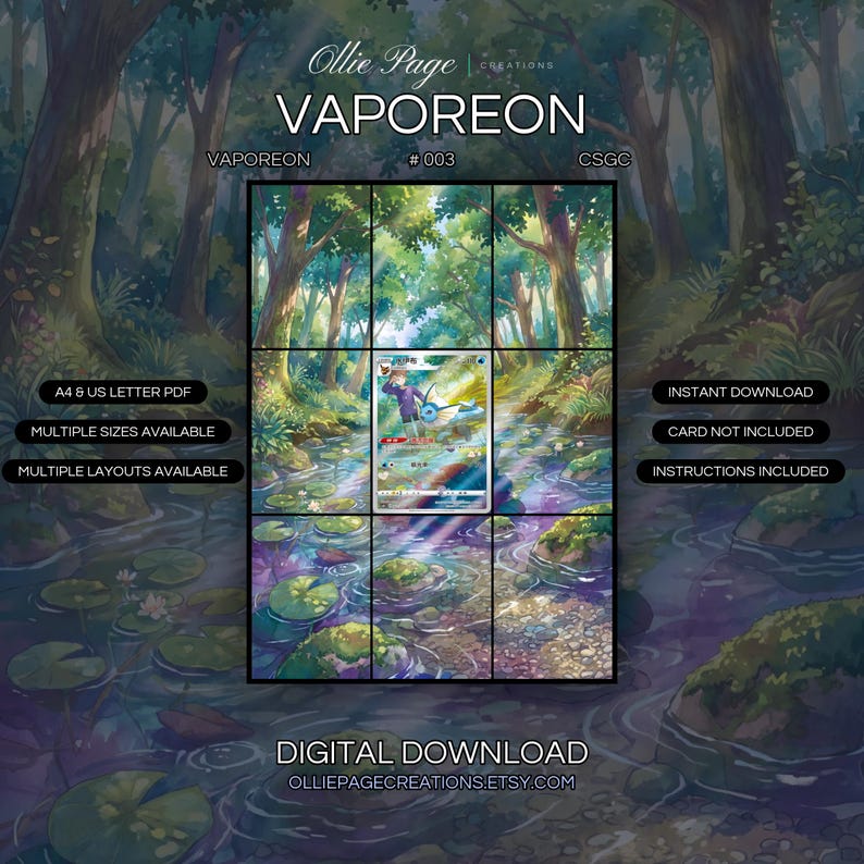 Vaporeon 003/008 extended art binder page in a Enchanted forest stream with luminous water, lush green canopy, dappled sunlight, lily pads, and magical purple-blue iridescent reflections., printable 9-pocket TCG display insert by Ollie Page Creations