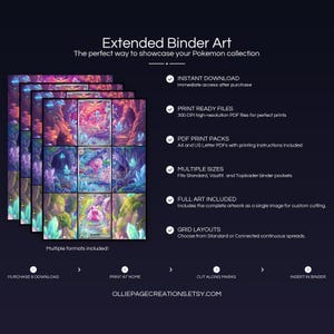 Product feature overview for Tinkaton Evolution extended binder art — 300 DPI print-ready files, multiple sizes and grid layouts, instant digital download