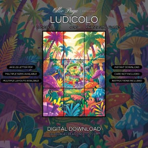 Ludicolo 095/094 extended art binder page in a Vibrant tropical jungle scene with colorful palm trees, exotic flowers, mushrooms, and lush foliage under bright sunlight creating a whimsical, fantastical forest landscape., printable 9-pocket TCG display insert by Ollie Page Creations