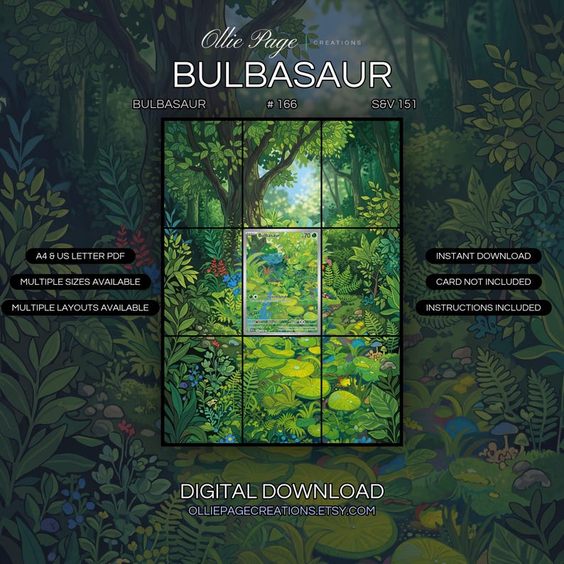 Bulbasaur 166/165 extended art binder page in a Lush forest glade with vibrant green canopy