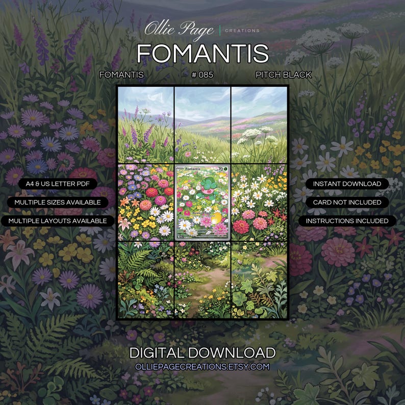 Fomantis 085/084 extended art binder page in a Vibrant wildflower meadow in full bloom with rolling purple hills