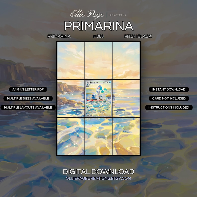Primarina 088/084 extended art binder page in a Serene coastal landscape with golden sunset light
