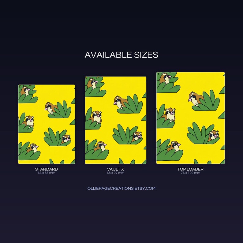 Pidgeot Evolution extended binder art size guide showing Standard, Vault X, and Top Loader printable card sleeve dimensions