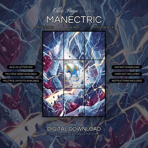 Manectric 089/084 extended art binder page in a Dramatic crystalline cavern illuminated by electric blue and golden lightning bolts, surrounded by deep crimson and icy blue gemstone formations, creating an atmospheric underground chasm., printable 9-