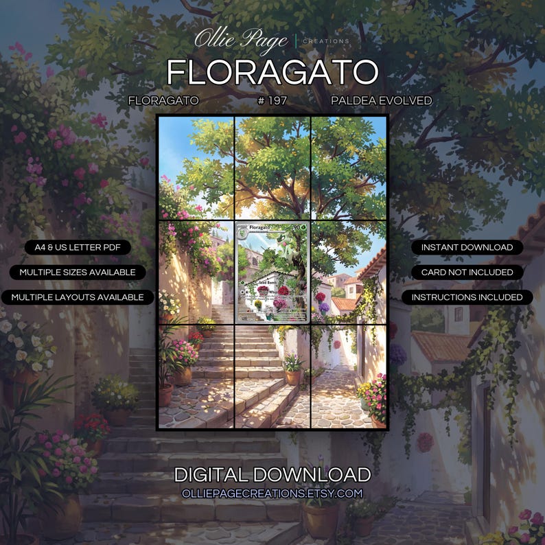 Floragato 197/193 extended art binder page in a Sunlit Mediterranean courtyard featuring white stone steps, vibrant flowering vines, lush green trees, terracotta potals, and warm golden light casting dappled shadows across ancient architecture., prin