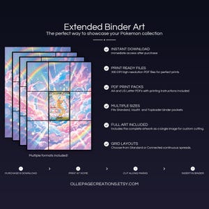 Product feature overview for Mega Dragonite EX extended binder art — 300 DPI print-ready files, multiple sizes and grid layouts, instant digital download