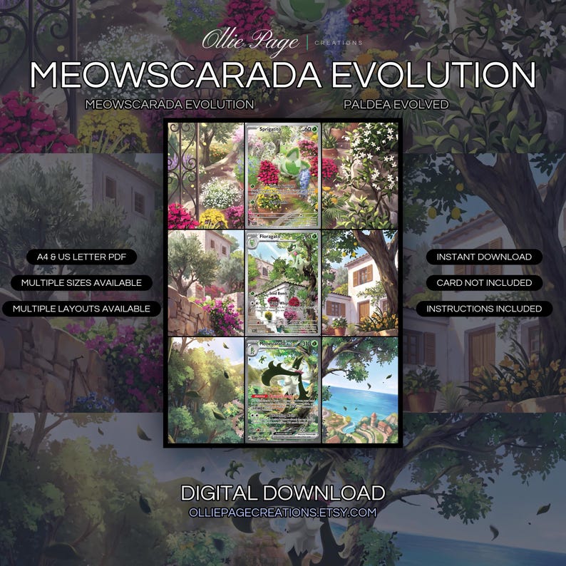 Meowscarada Evolution 196 + 197 + 256 extended art binder page in a Vibrant Mediterranean garden scenes featuring colorful potted flowers