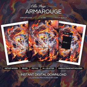 Armarouge 086/084 collector bundle — extended binder page plus 8x10 full-art and PSA framed prints in a Dramatic inferno landscape with swirling red