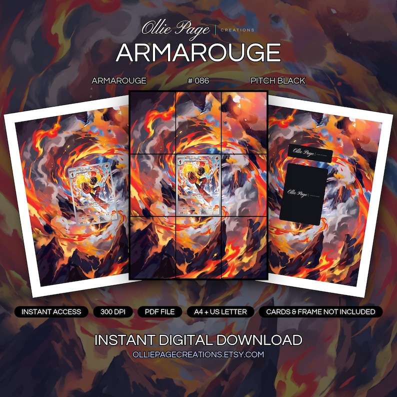 Armarouge 086/084 collector bundle — extended binder page plus 8x10 full-art and PSA framed prints in a Dramatic inferno landscape with swirling red