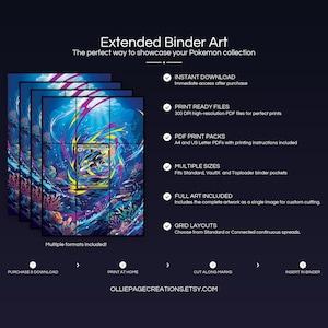 Product feature overview for Mega Sharpedo EX extended binder art — 300 DPI print-ready files, multiple sizes and grid layouts, instant digital download