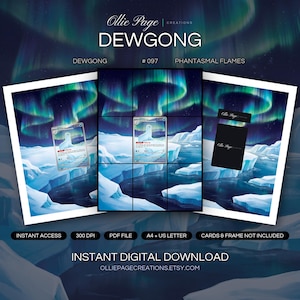 Dewgong 097/094 collector bundle — extended binder page plus 8x10 full-art and PSA framed prints in a Ethereal arctic landscape with vibrant aurora borealis dancing above snow-covered ice formations and frozen water