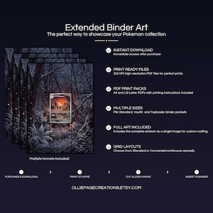 Product feature overview for Volcarona extended binder art — 300 DPI print-ready files, multiple sizes and grid layouts, instant digital download