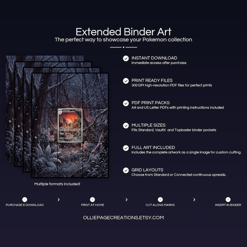 Product feature overview for Volcarona extended binder art — 300 DPI print-ready files, multiple sizes and grid layouts, instant digital download